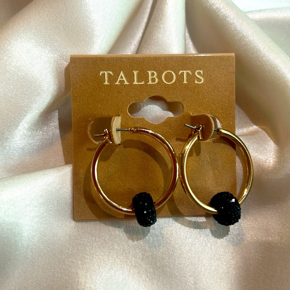 Talbots Gold Hoop Earrings with Black Diamanté Accents